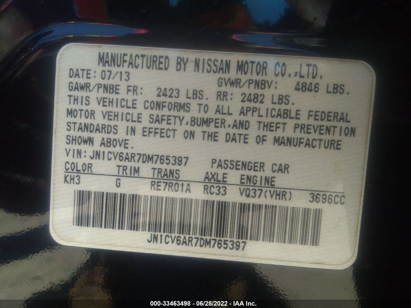 2013 INFINITI G37 SEDAN X JN1CV6AR7DM765397