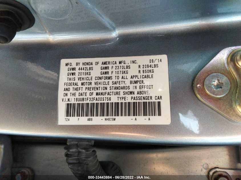 2015 ACURA TLX 19UUB1F32FA005756