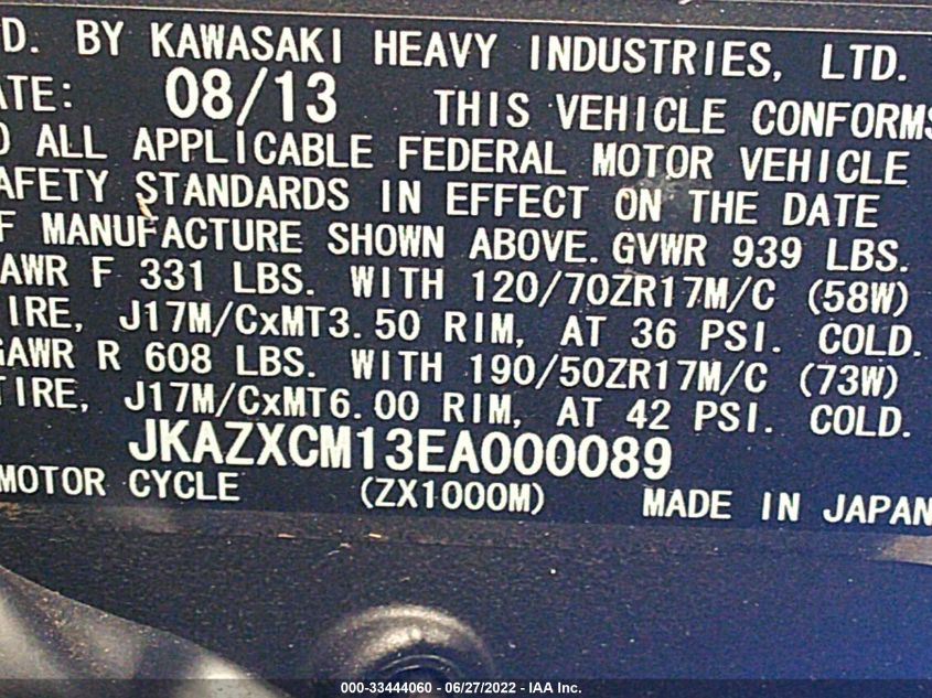 2014 KAWASAKI ZX1000 M JKAZXCM13EA000089