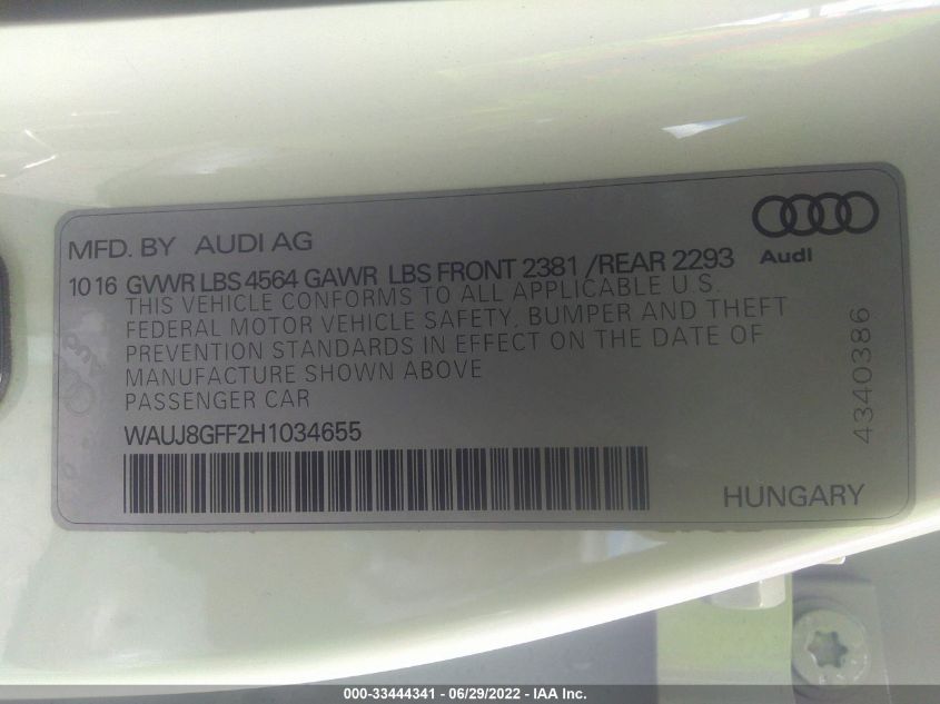 2017 AUDI A3 SEDAN PREMIUM PLUS WAUJ8GFF2H1034655