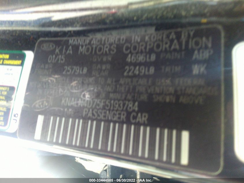 2015 KIA CADENZA PREMIUM KNALN4D75F5193784