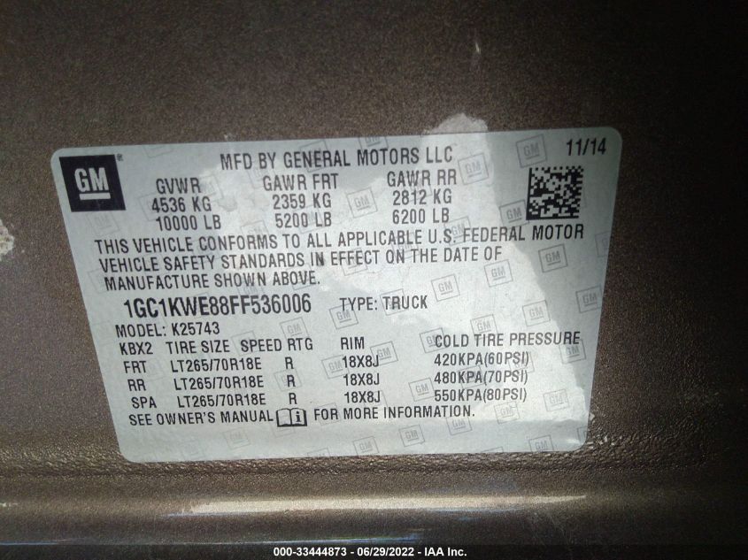 2015 CHEVROLET SILVERADO 2500HD LTZ 1GC1KWE88FF536006