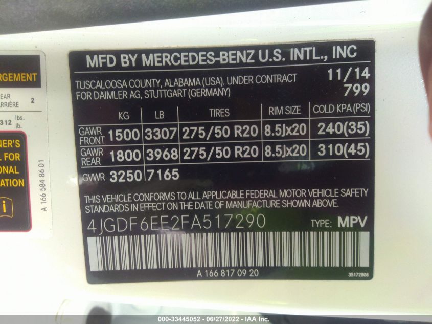 2015 MERCEDES-BENZ GL-CLASS GL 450 4JGDF6EE2FA517290