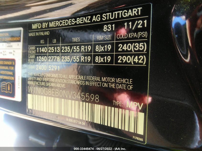 2022 MERCEDES-BENZ GLC GLC 300 W1N0G8EB0NV345598
