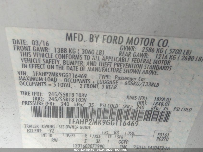 2016 FORD SEDAN POLICE INTERCEPTOR 1FAHP2MK9GG116469