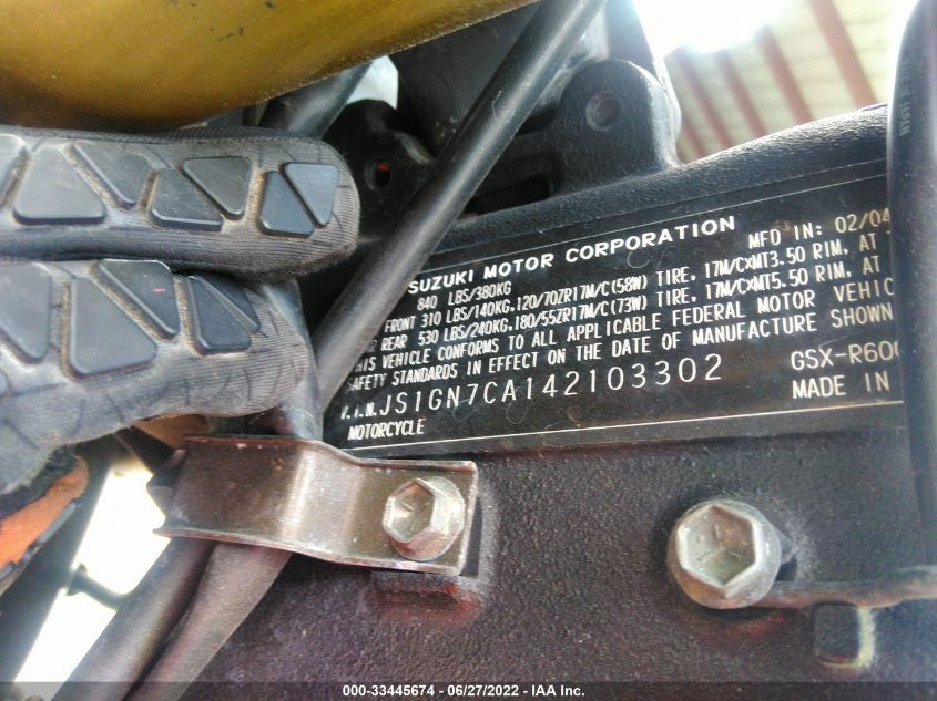 2004 SUZUKI GSX-R600 K JS1GN7CA142103302