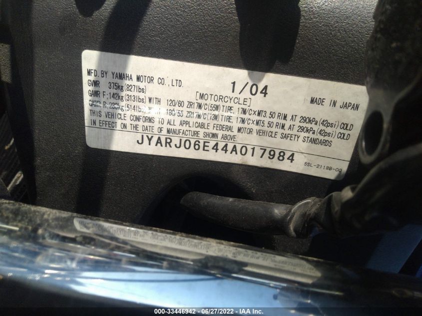 2004 YAMAHA YZFR6 L JYARJ06E44A017984
