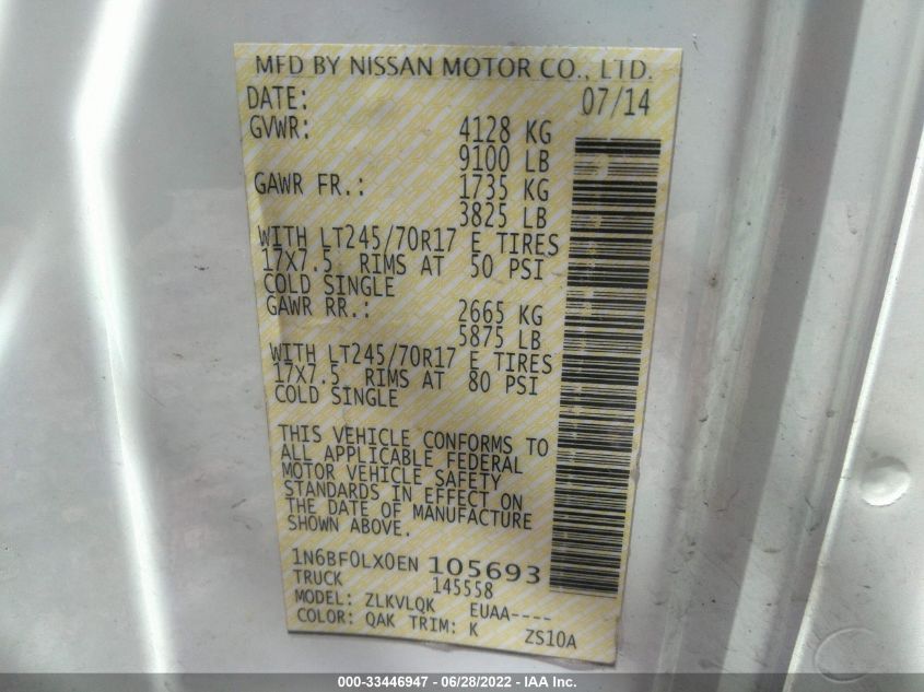 2014 NISSAN NV 2500 1N6BF0LX0EN105693