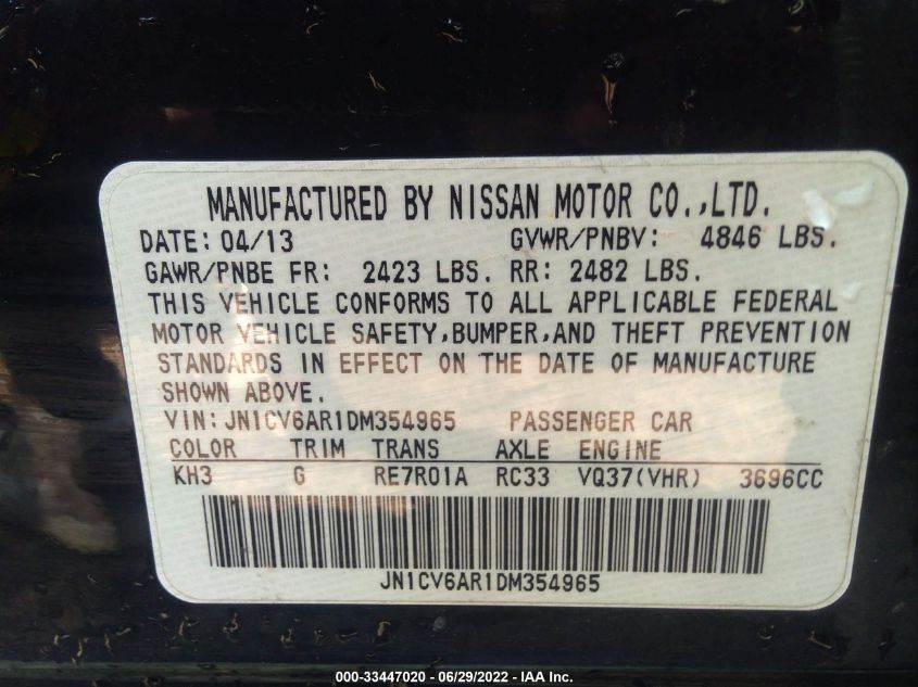 2013 INFINITI G37 SEDAN X JN1CV6AR1DM354965