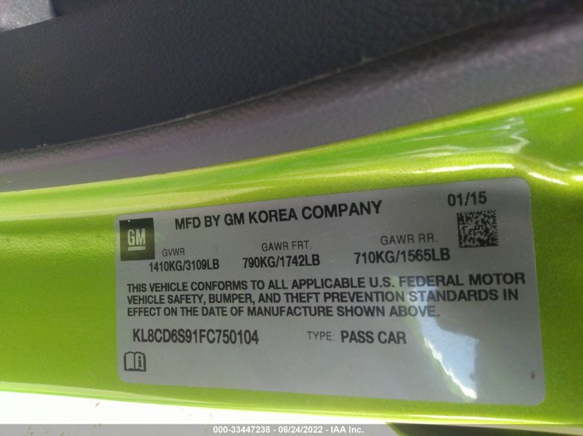 2015 CHEVROLET SPARK LT KL8CD6S91FC750104