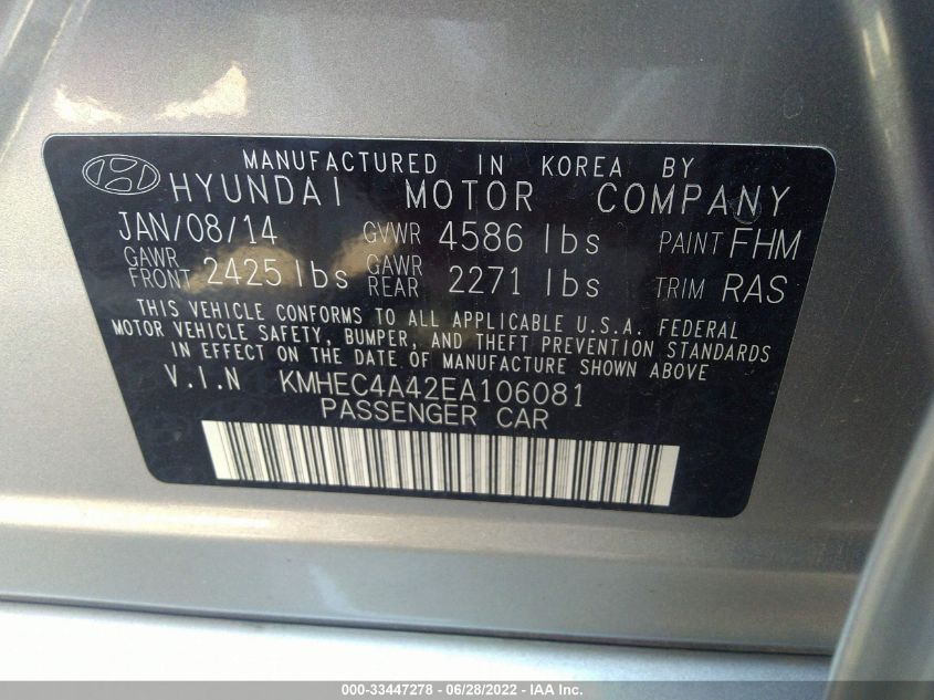 2014 HYUNDAI SONATA HYBRID HYBRID KMHEC4A42EA106081