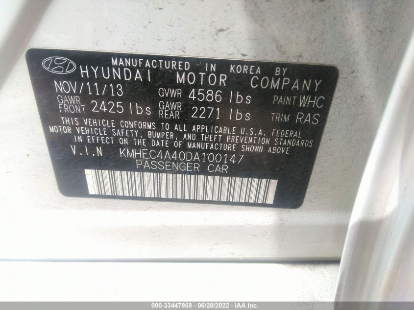 2013 HYUNDAI SONATA HYBRID LIMITED KMHEC4A40DA100147