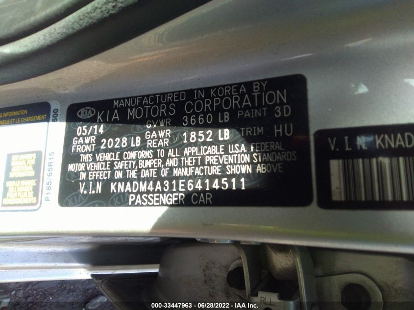 2014 KIA RIO LX KNADM4A31E6414511