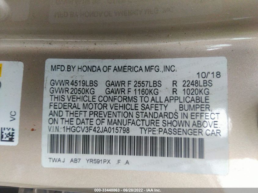 2018 HONDA ACCORD HYBRID EX 1HGCV3F42JA015798