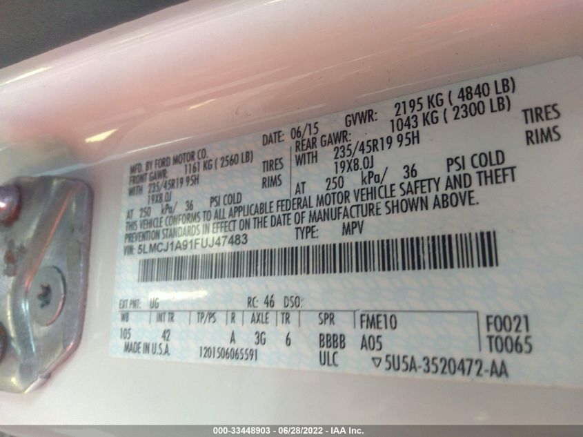 2015 LINCOLN MKC 5LMCJ1A91FUJ47483