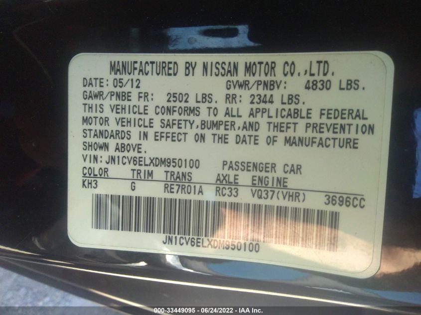 2013 INFINITI G37 COUPE X JN1CV6ELXDM950100