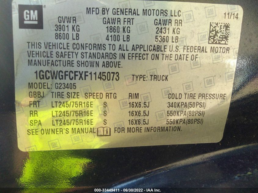 2015 CHEVROLET EXPRESS CARGO VAN 1GCWGFCFXF1145073