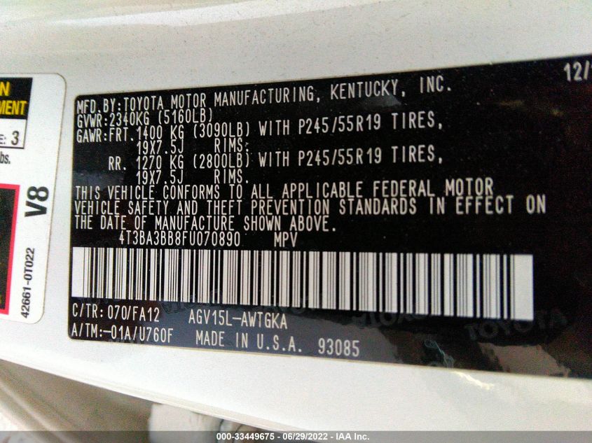 2015 TOYOTA VENZA LE/XLE 4T3BA3BB8FU070890