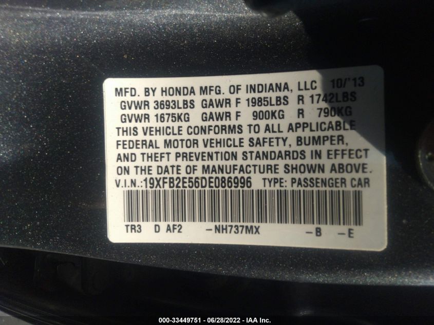 2013 HONDA CIVIC SDN LX 19XFB2E56DE086996