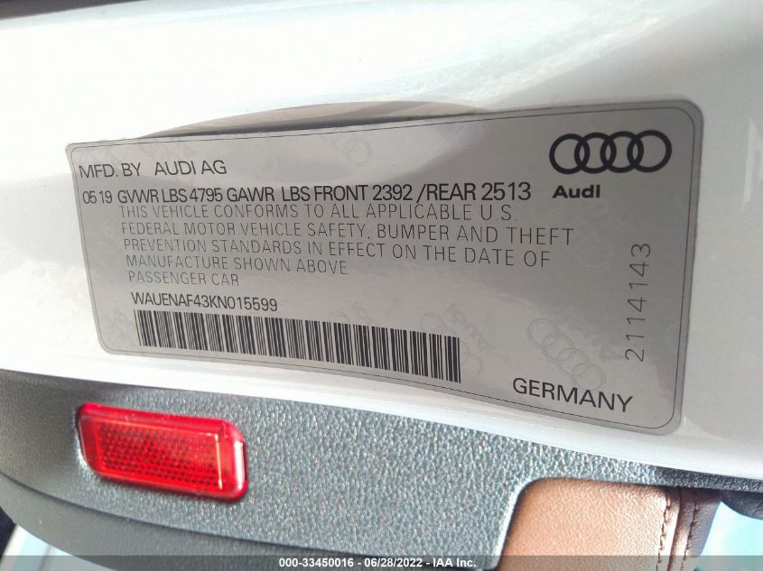2019 AUDI A4 PREMIUM PLUS WAUENAF43KN015599