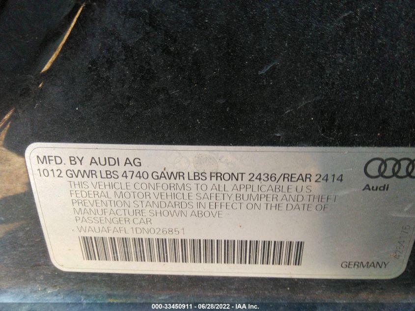2013 AUDI A4 PREMIUM WAUAFAFL1DN026851