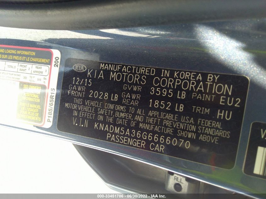2016 KIA RIO LX KNADM5A36G6666070