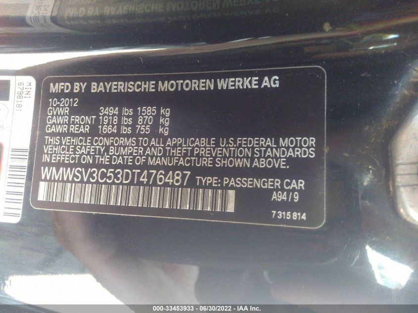 2013 MINI COOPER HARDTOP S WMWSV3C53DT476487