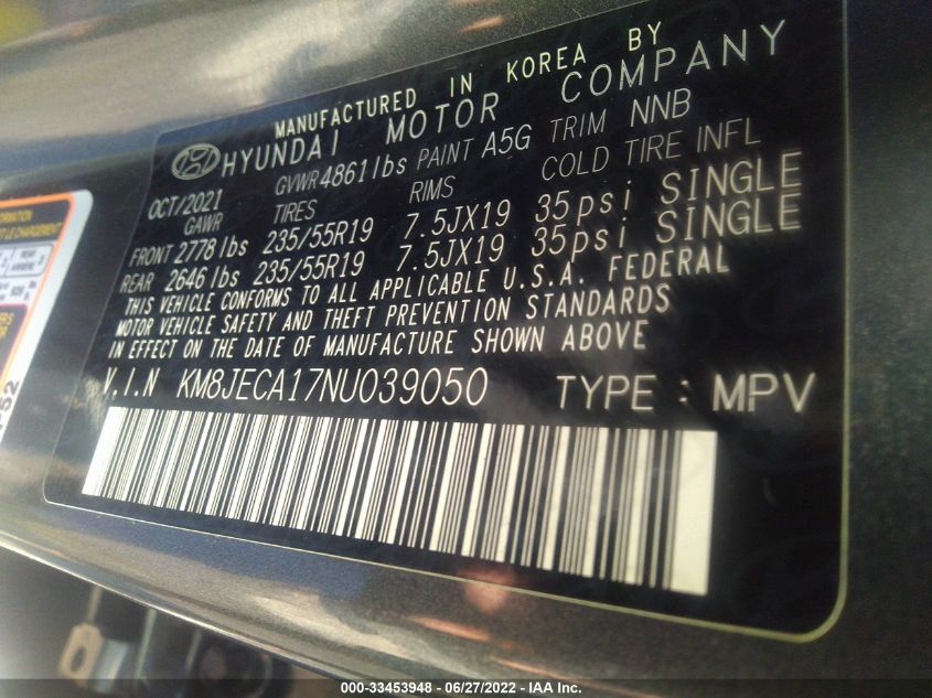 2022 HYUNDAI TUCSON HYBRID LIMITED KM8JECA17NU039050