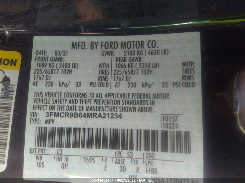 2021 FORD BRONCO SPORT BIG BEND 3FMCR9B64MRA21234