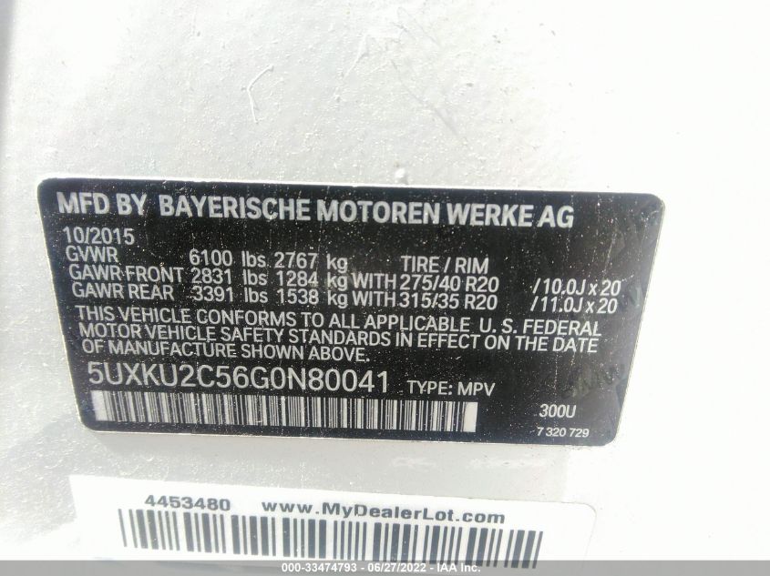 2016 BMW X6 XDRIVE35I 5UXKU2C56G0N80041
