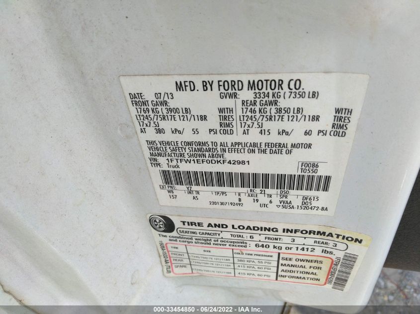 2013 FORD F150 SUPERCREW 1FTFW1EFODKF42981