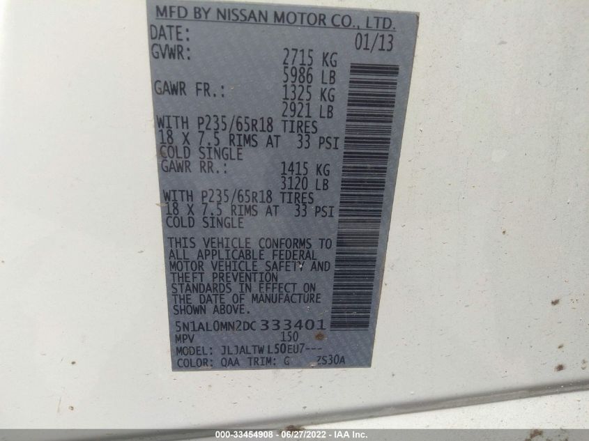 2013 INFINITI JX 5N1AL0MN2DC333401