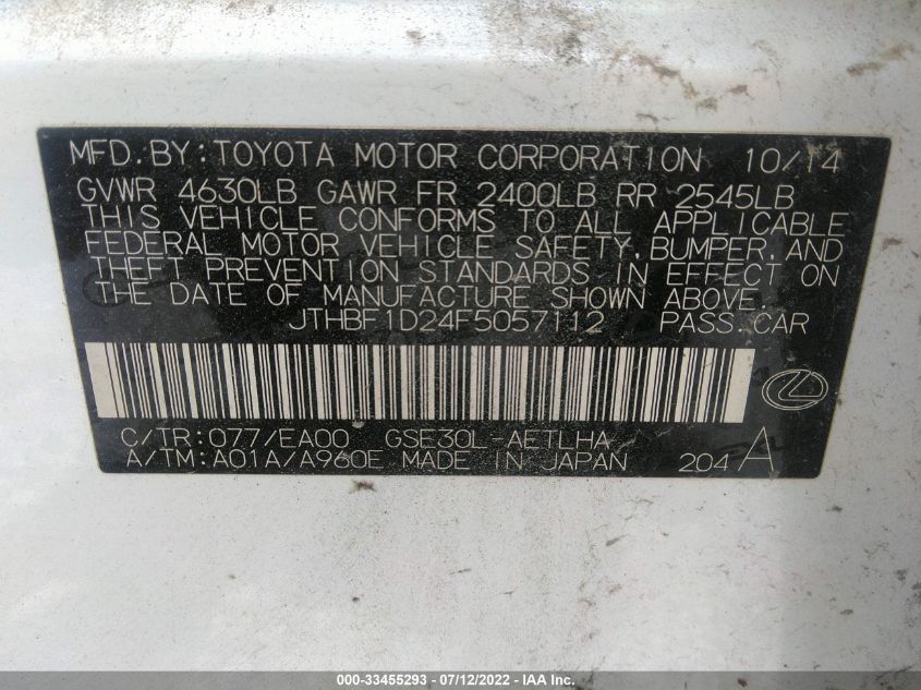 2015 LEXUS IS 250 JTHBF1D24F5057112