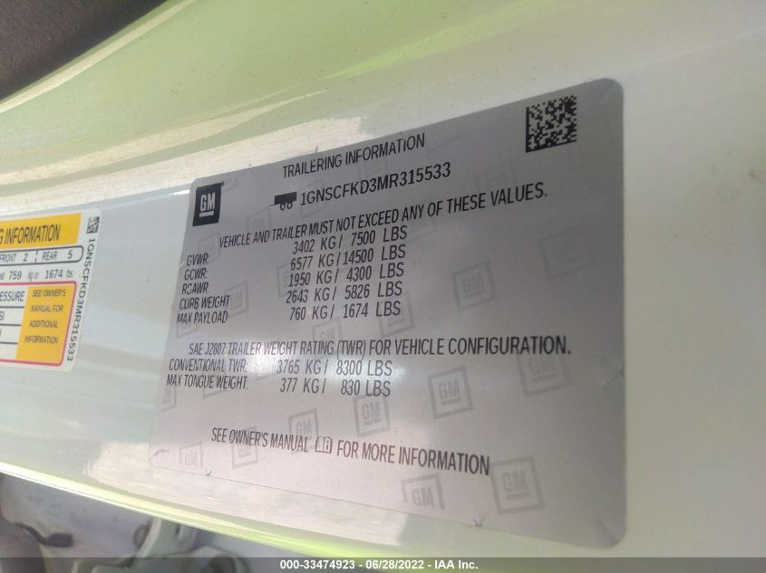 2021 CHEVROLET SUBURBAN PREMIER 1GNSCFKD3MR315533
