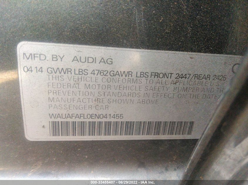 2014 AUDI A4 PREMIUM WAUAFAFL0EN041455