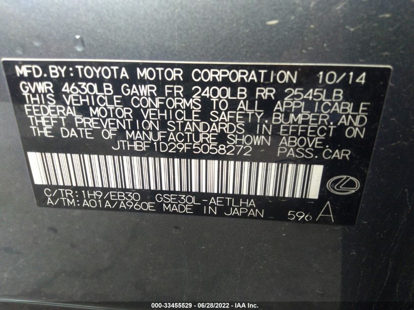 2015 LEXUS IS 250 250 JTHBF1D29F5058272
