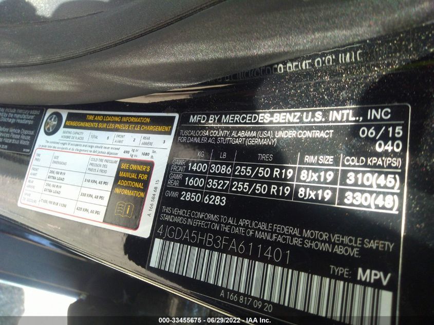 2015 MERCEDES-BENZ M-CLASS ML 350 4JGDA5HB3FA611401