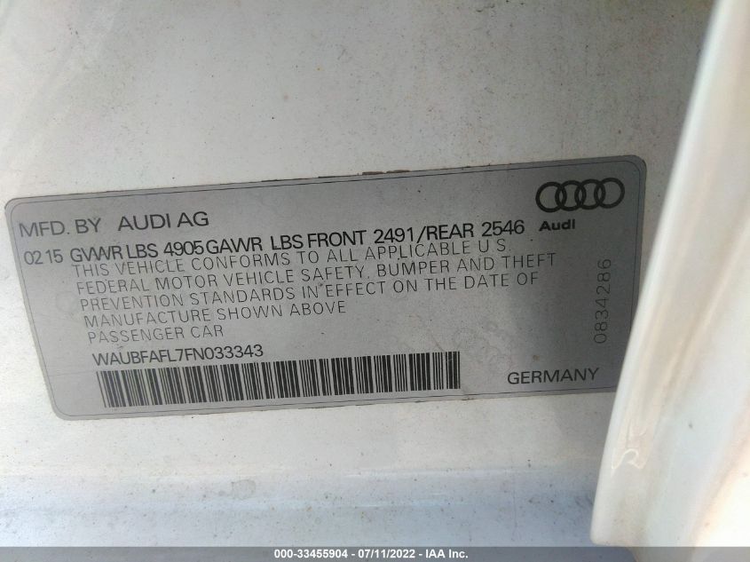 2015 AUDI A4 PREMIUM WAUBFAFL7FN033343