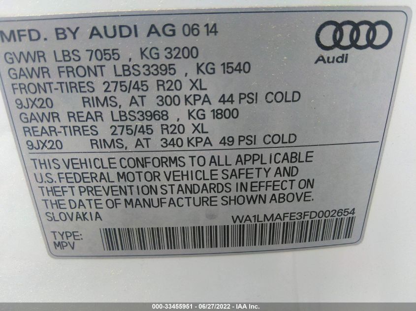 2015 AUDI Q7 3.0L TDI PREMIUM PLUS WA1LMAFE3FD002654