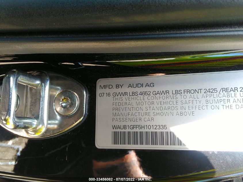 2017 AUDI S3 PREMIUM PLUS WAUB1GFF5H1012335