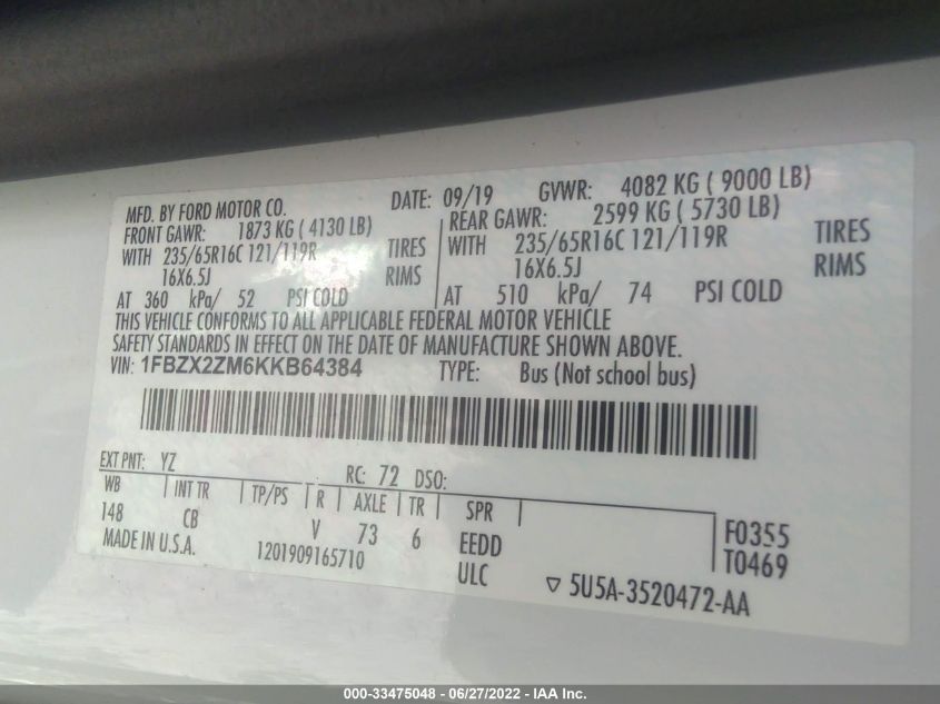 2019 FORD TRANSIT PASSENGER WAGON XL/XLT 1FBZX2ZM6KKB64384