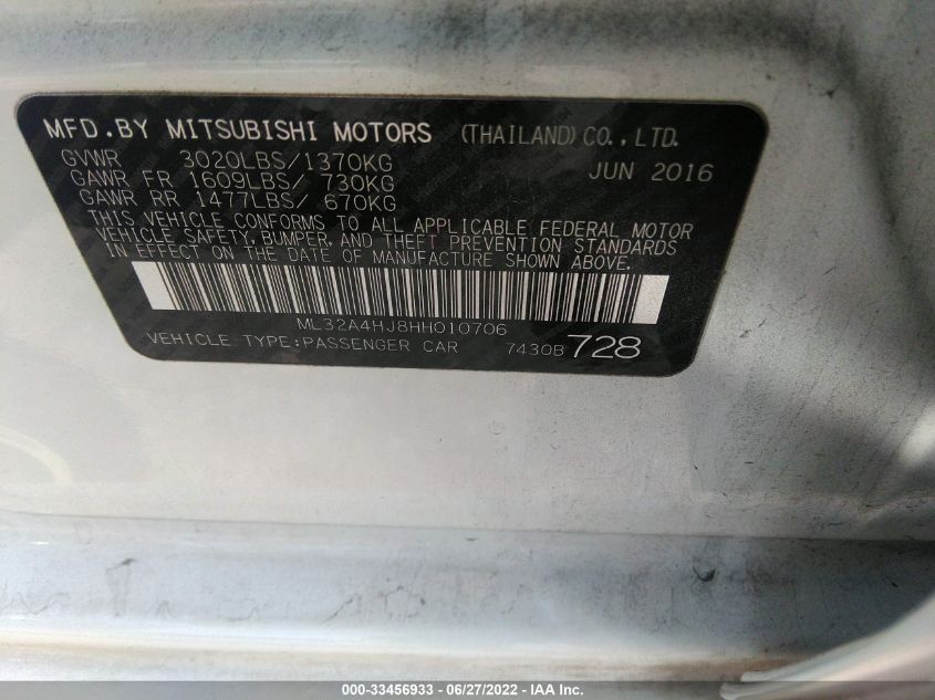 2017 MITSUBISHI MIRAGE SE ML32A4HJ8HH010706