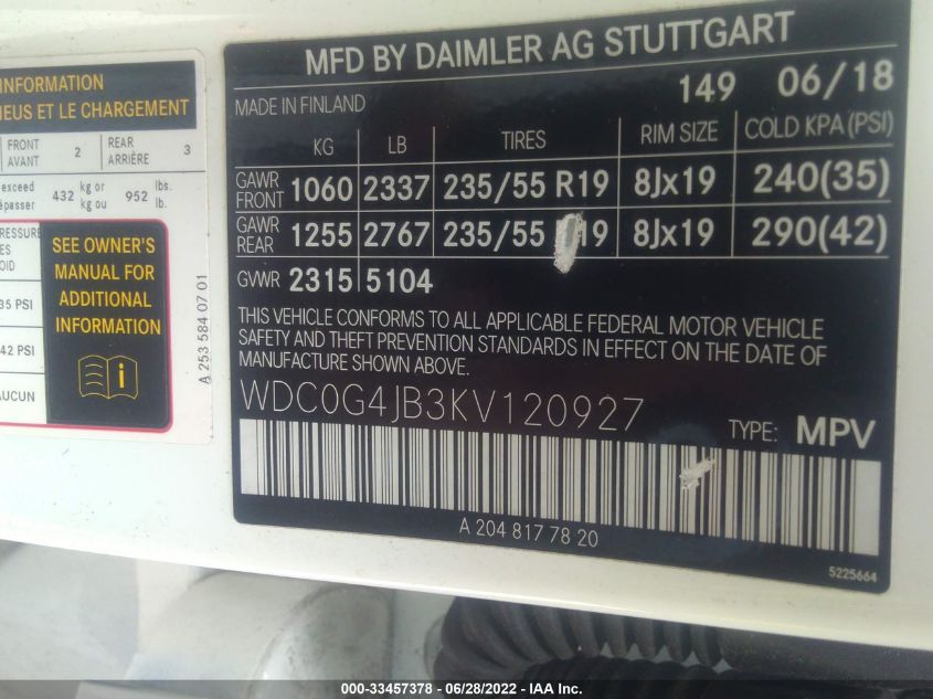 2019 MERCEDES-BENZ GLC GLC 300 WDC0G4JB3KV120927