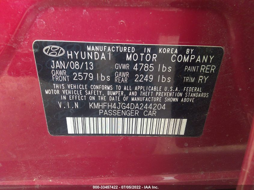2013 HYUNDAI AZERA KMHFH4JG9DA244204