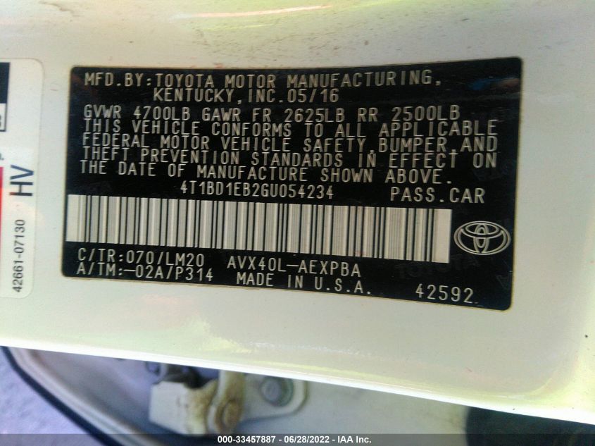 2016 TOYOTA AVALON HYBRID XLE PREMIUM/LIMITED 4T1BD1EB2GU054234