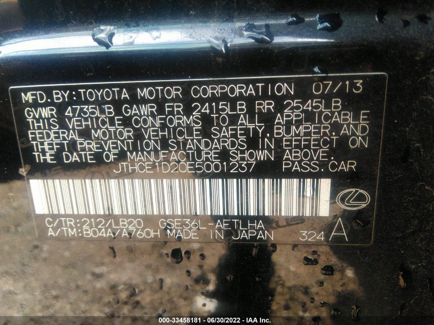 2014 LEXUS IS 350 350 JTHCE1D20E5001237