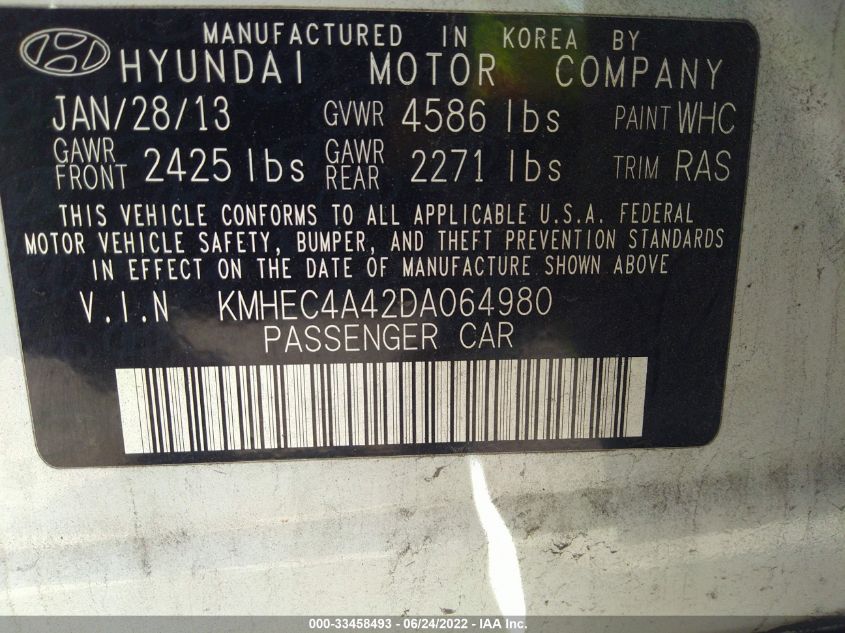 2013 HYUNDAI SONATA HYBRID KMHEC4A42DA064980