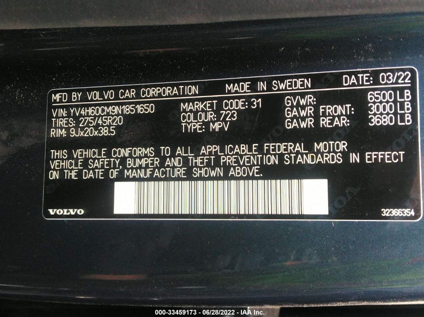 2022 VOLVO XC90 RECHARGE R-DESIGN YV4H60CM9N1851650