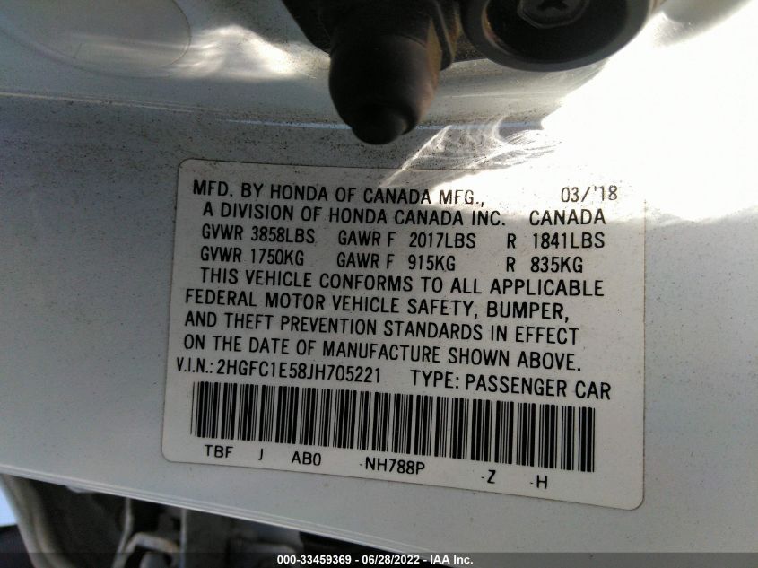 2018 HONDA CIVIC SI SEDAN 2HGFC1E58JH705221