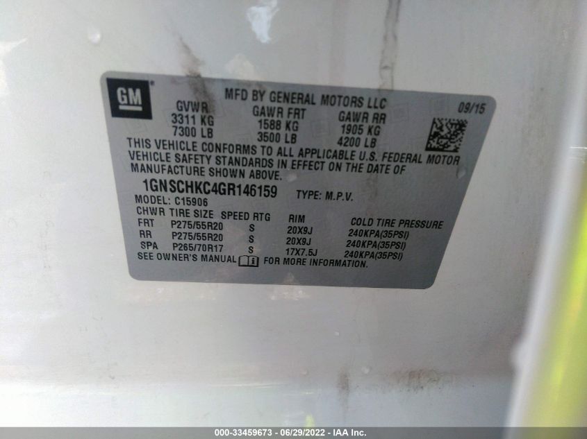 2016 CHEVROLET SUBURBAN LT 1GNSCHKC4GR146159